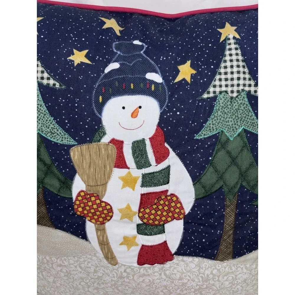 Christmas Snowman Pillow Reversible Navy Patchwork Applique Trees Red Trim 16